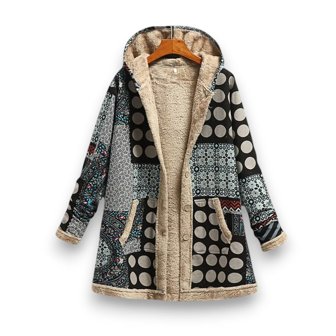 Long hooded dotted patchwork coat with sherpa lining, black with beige spots