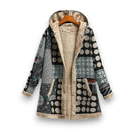 Long hooded dotted patchwork coat with sherpa lining, black with beige spots