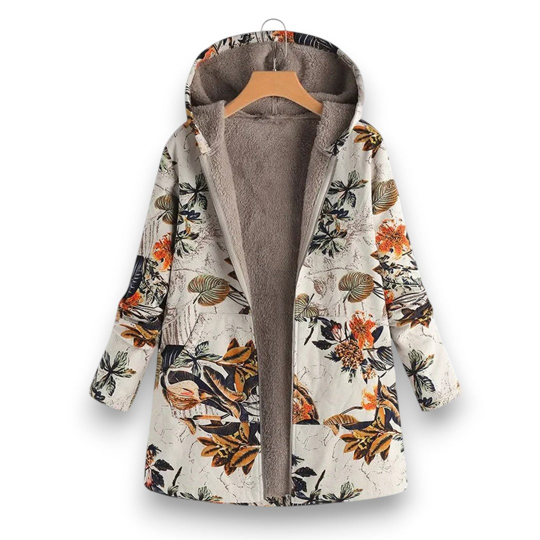 Long hooded floral puffer coat with fleece lining and front zipper, light neutral base