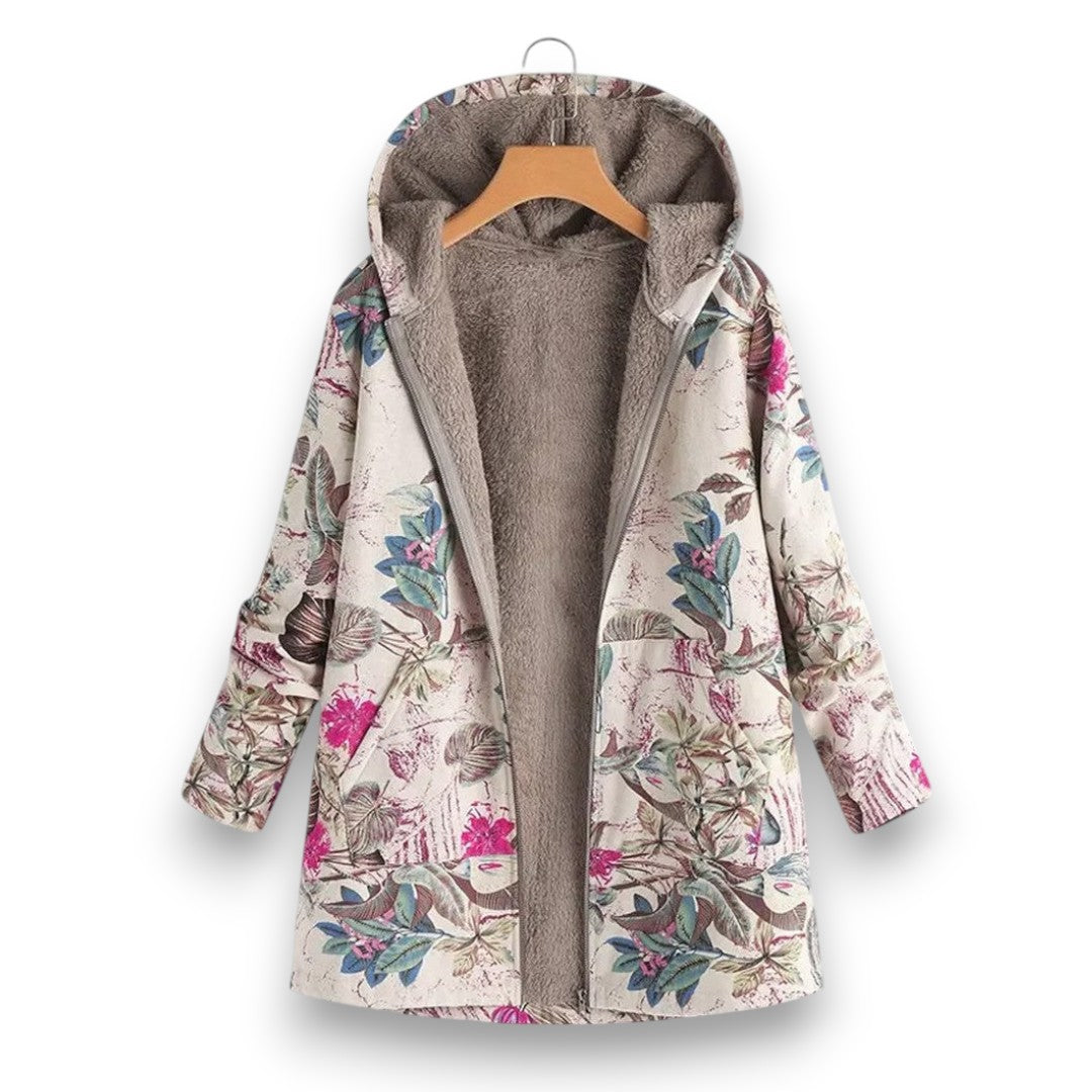 Long hooded floral coat with fleece lining, pastel leaves and magenta accents