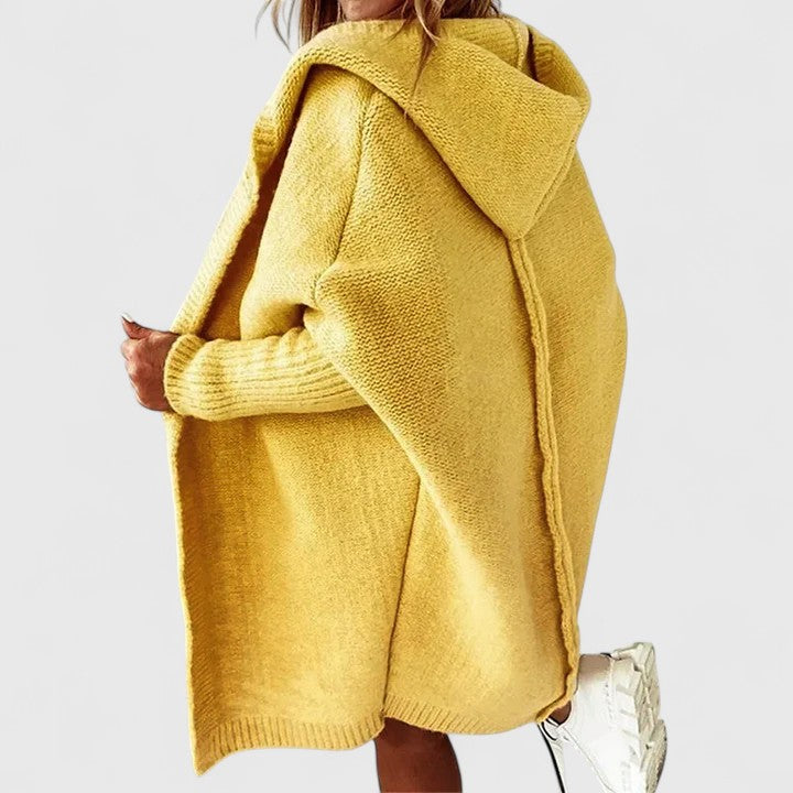 Long mustard yellow hooded cardigan with ribbed hem and cuffs, open front knit