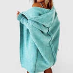 Long teal hooded cardigan draped at back, ribbed knit cuffs and hem