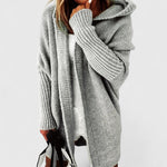 Long gray hooded cardigan with chunky knit, ribbed cuffs, open front