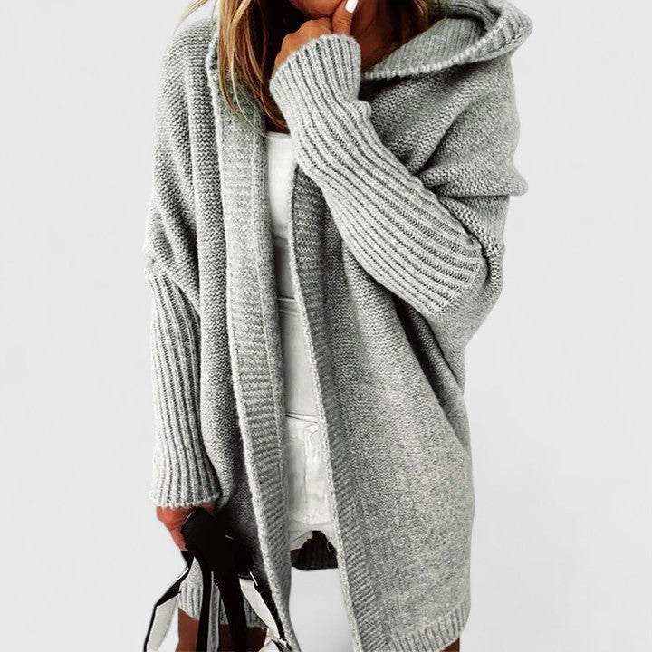 Long gray hooded cardigan with chunky knit, ribbed cuffs, open front
