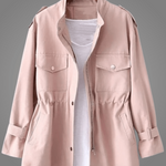 Pink button-front coat with stand collar, drawstring waist, and side pockets