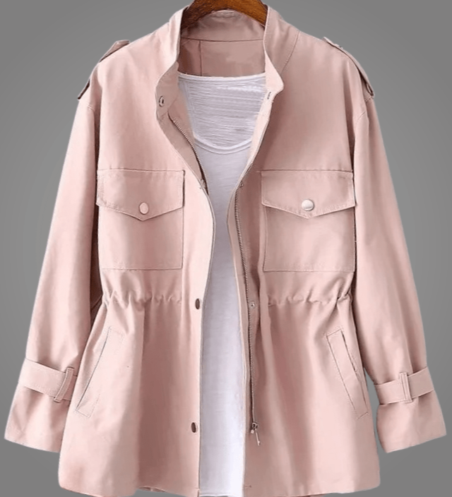 Pink button-front coat with stand collar, drawstring waist, and side pockets