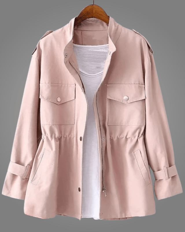 Pink button-front coat with stand collar, drawstring waist, and side pockets