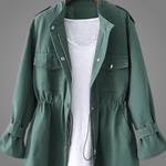 Green button-front coat with stand collar, chest pockets, and drawstring waist