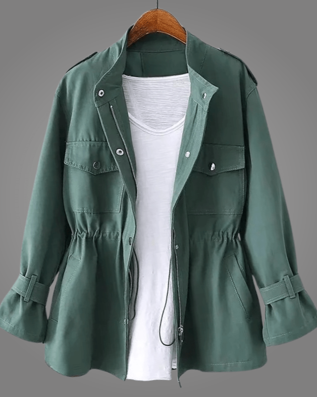 Green button-front coat with stand collar, chest pockets, and drawstring waist