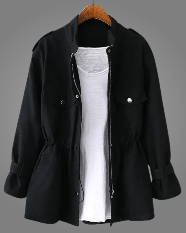 Black button-front coat with stand collar, chest pockets, and drawstring waist