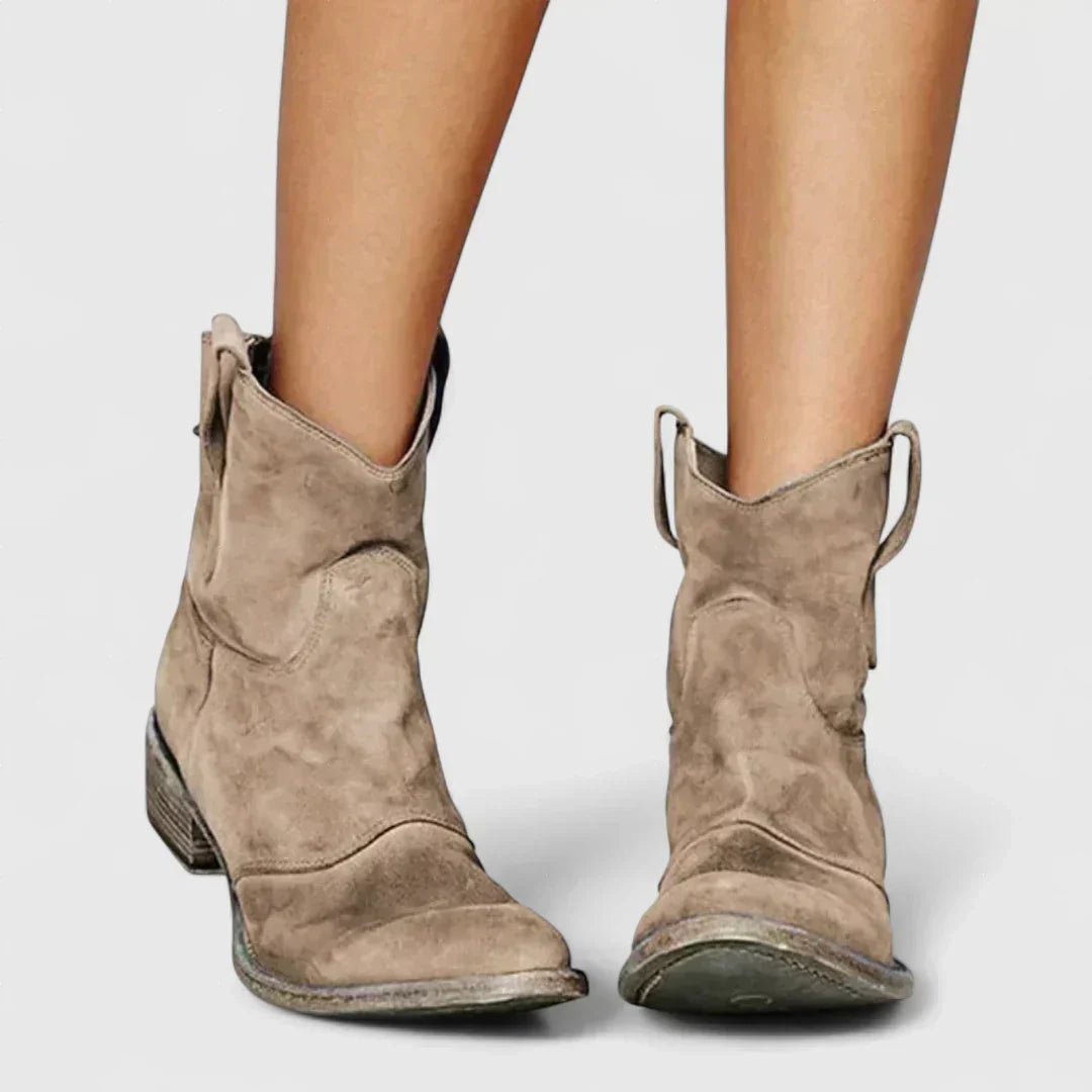 Libertate retro cowboy ankle boots, taupe suede-look, side pull tabs, block heel