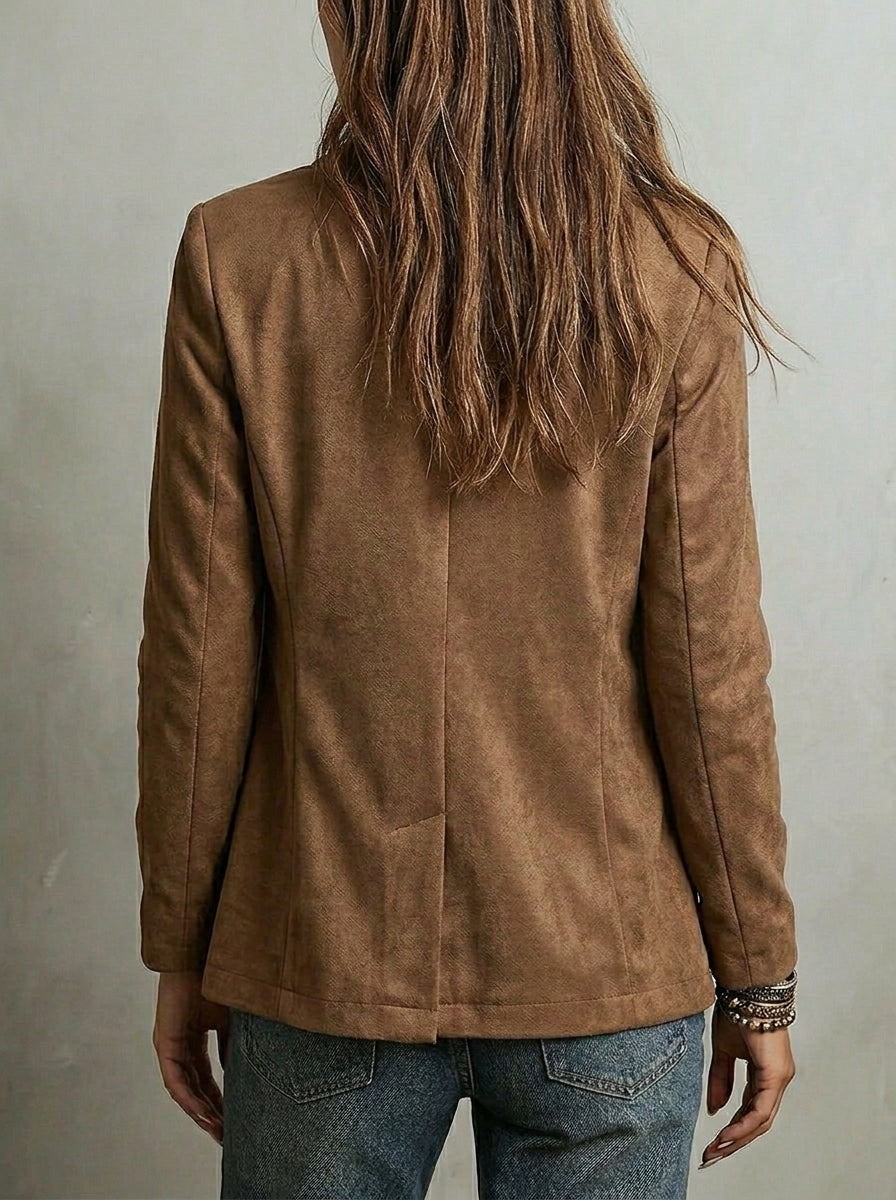 Tan suede-look vintage jacket with button front and side pockets, back view