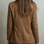 Tan suede-look vintage jacket with button front and side pockets, back view