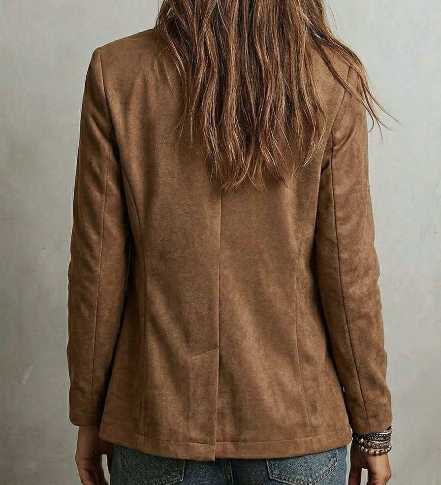 Tan suede-look vintage jacket with button front and side pockets, back view