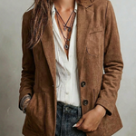 Brown suede-look vintage jacket with notch lapels, button front, and chest pocket