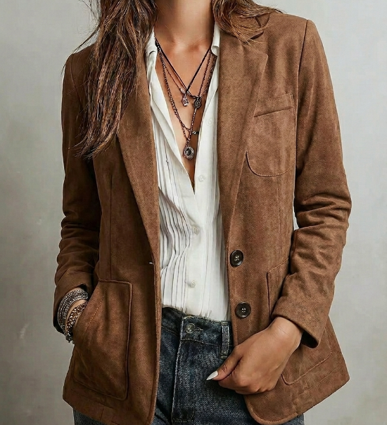 Brown suede-look vintage jacket with notch lapels, button front, and chest pocket
