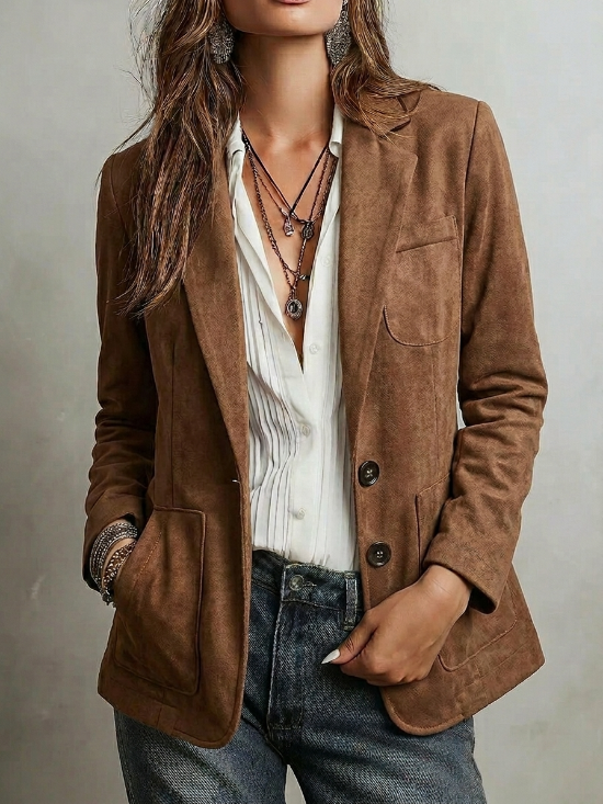 Brown suede-look vintage jacket with notch lapels, button front, and chest pocket