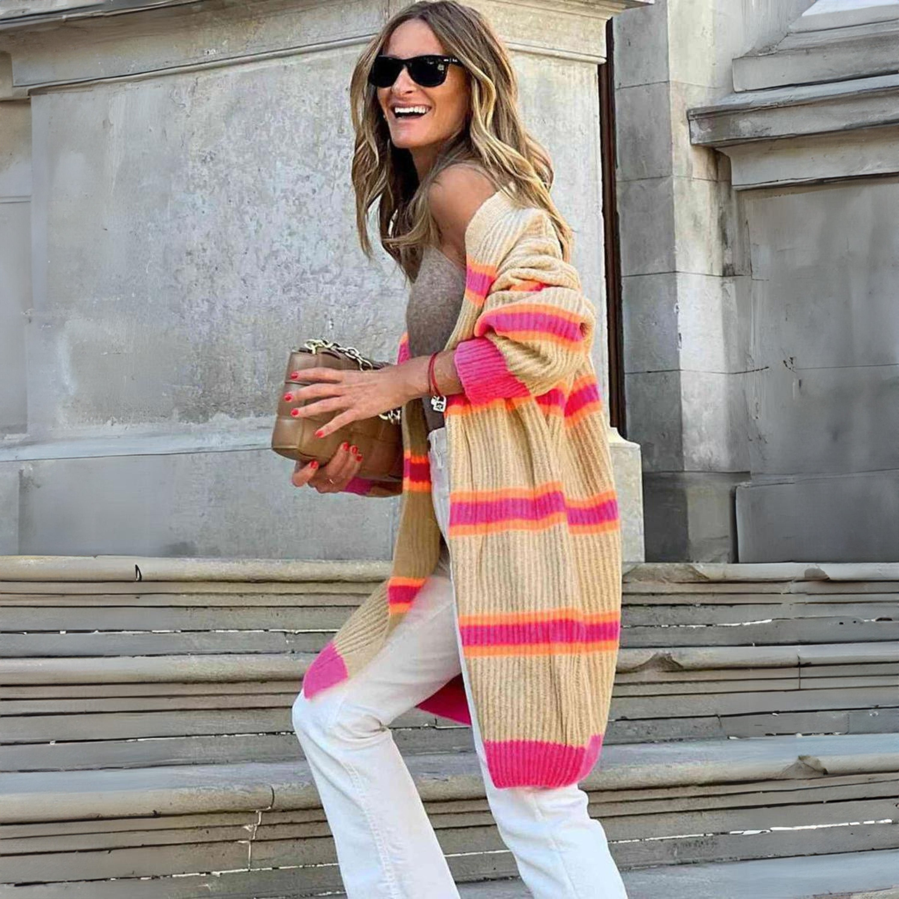 Lightweight striped cardigan, beige with pink and orange bands, loose long sleeves