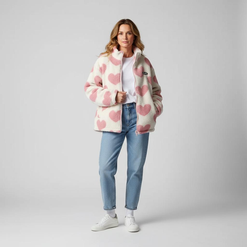 Heart-pattern reversible winter jacket worn with hooded fleece side showing