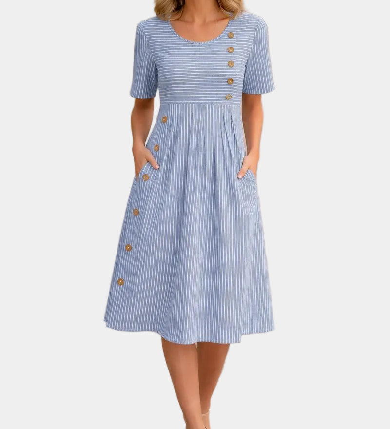 Blue striped button-front midi dress with short sleeves and gathered waist