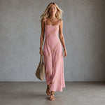Pink maxi dress with geometric lattice print in gold, spaghetti straps, scoop neck