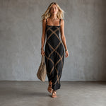 Black maxi dress with geometric lattice print, spaghetti straps, scoop neckline