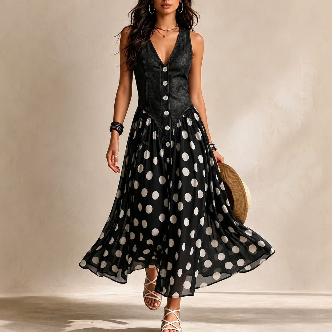 Black polka-dot chiffon midi dress, V-neck button-front bodice, sleeveless flare skirt