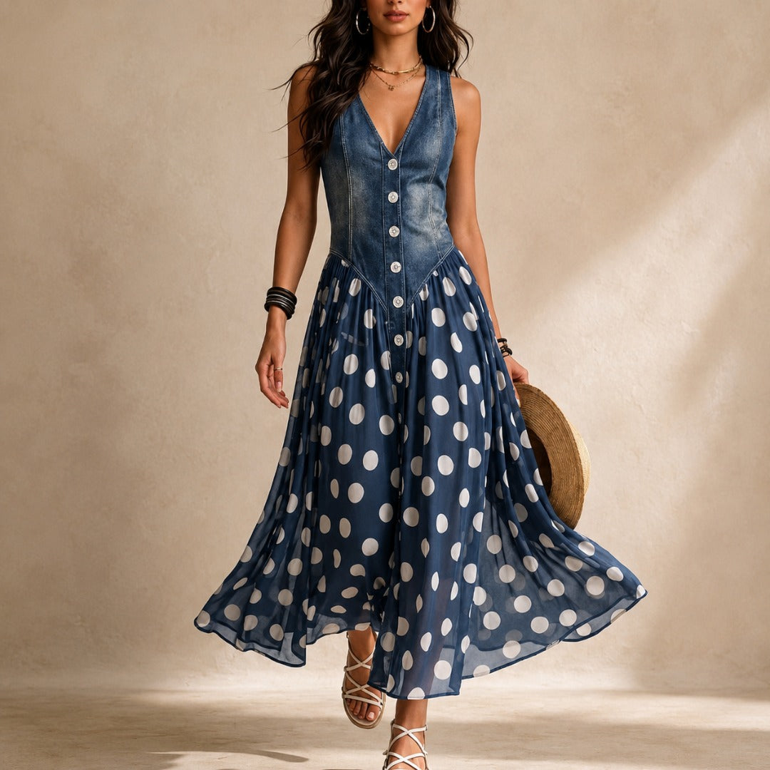 Blue polka-dot chiffon midi dress, V-neck, button front, sleeveless, flared skirt