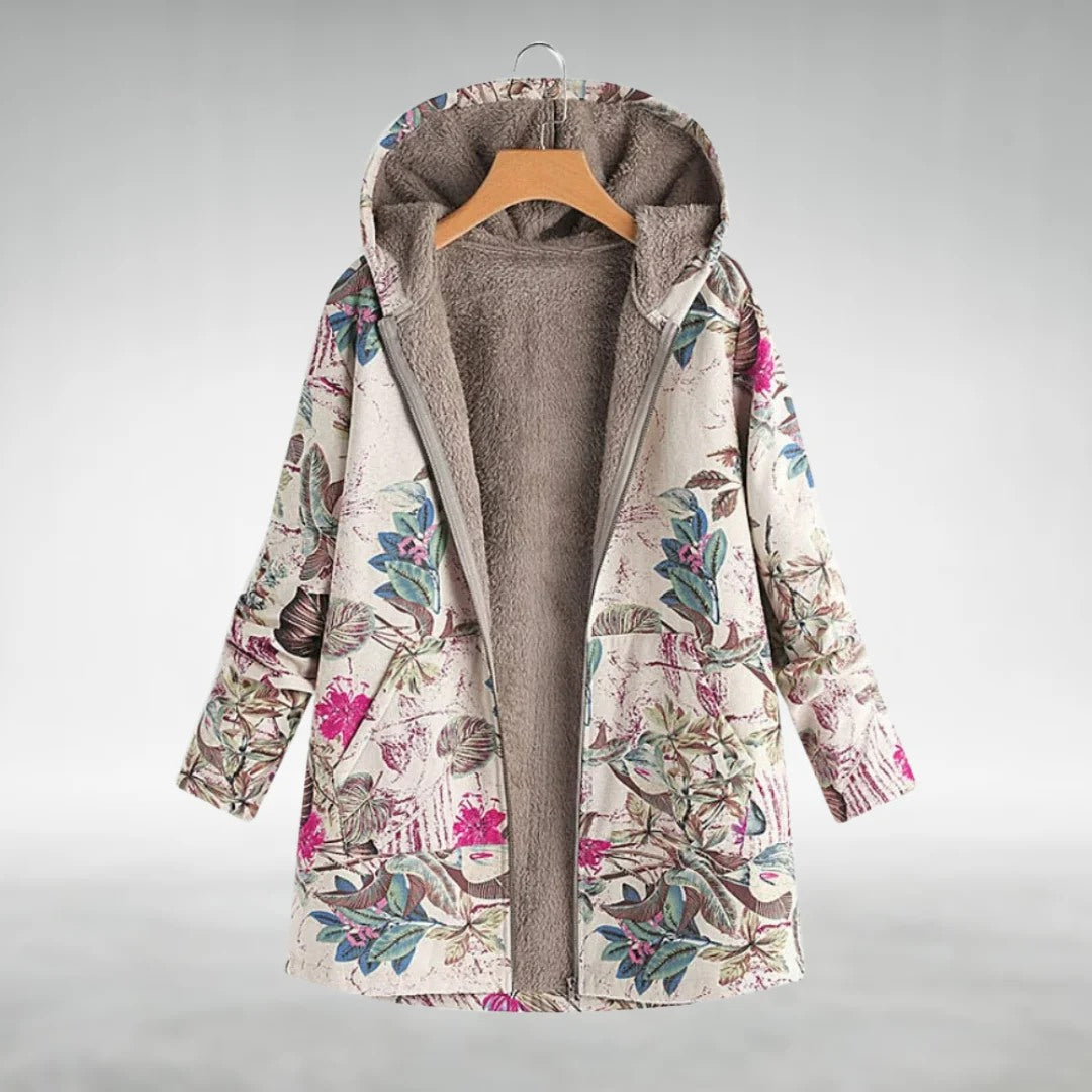 Hooded floral jacket with gray sherpa lining and zipper front, multicolor blossoms