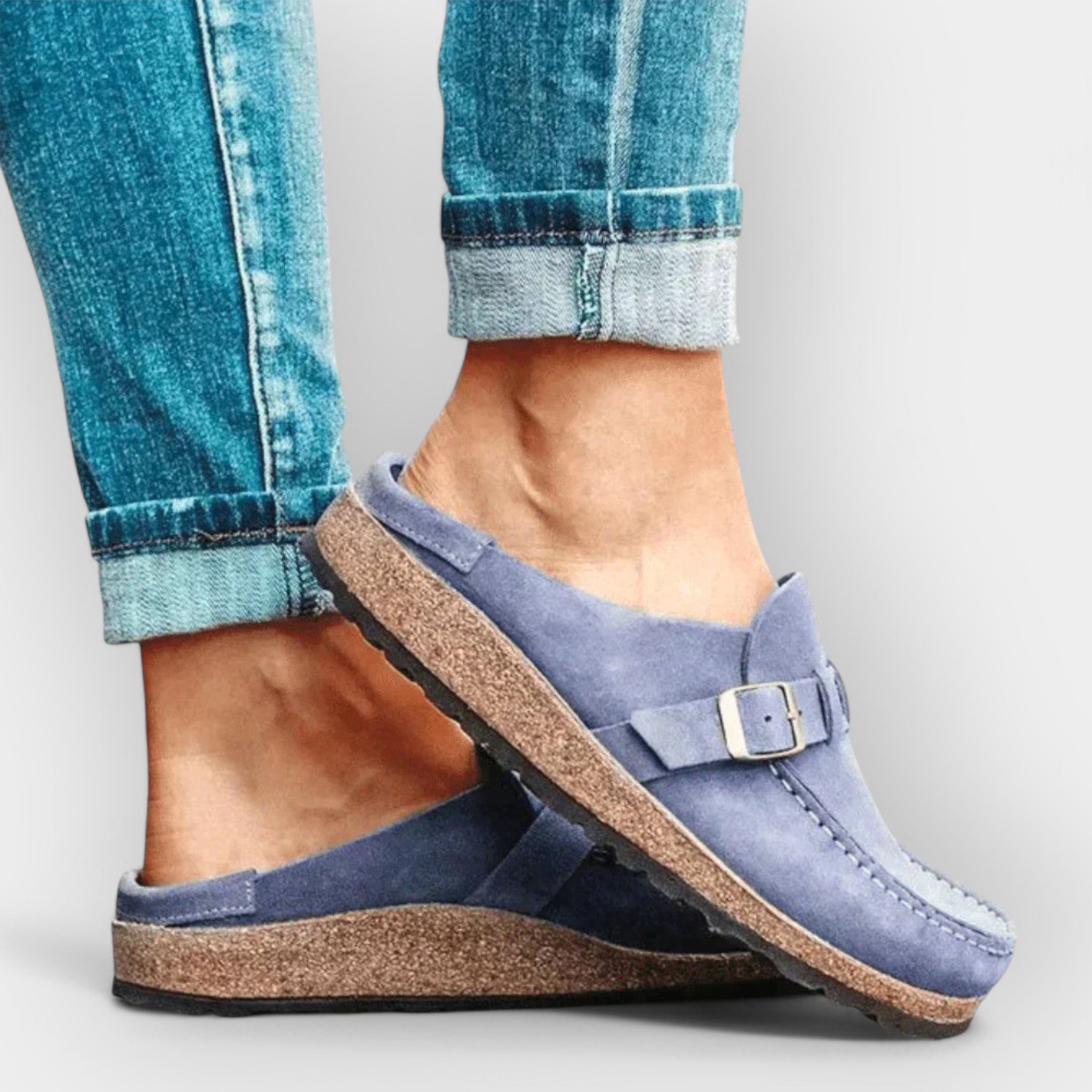 Navy buckle-strap slip-on sandals, stitched cushioned sole