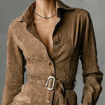 Brown suede midi dress, buttoned V neckline, pointed collar, long sleeves, square belt buckle