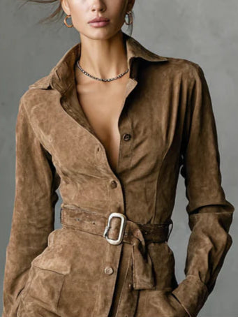 Brown suede midi dress, buttoned V neckline, pointed collar, long sleeves, square belt buckle