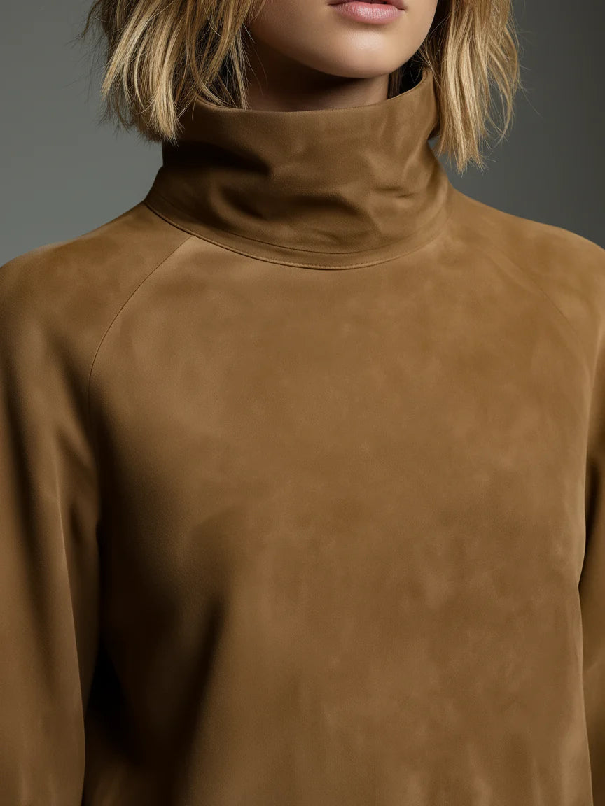 Brown high turtleneck mini sweatshirt dress neckline and smooth knit