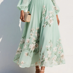 Mint green floral midi dress with gathered waist and long sheer sleeves detail