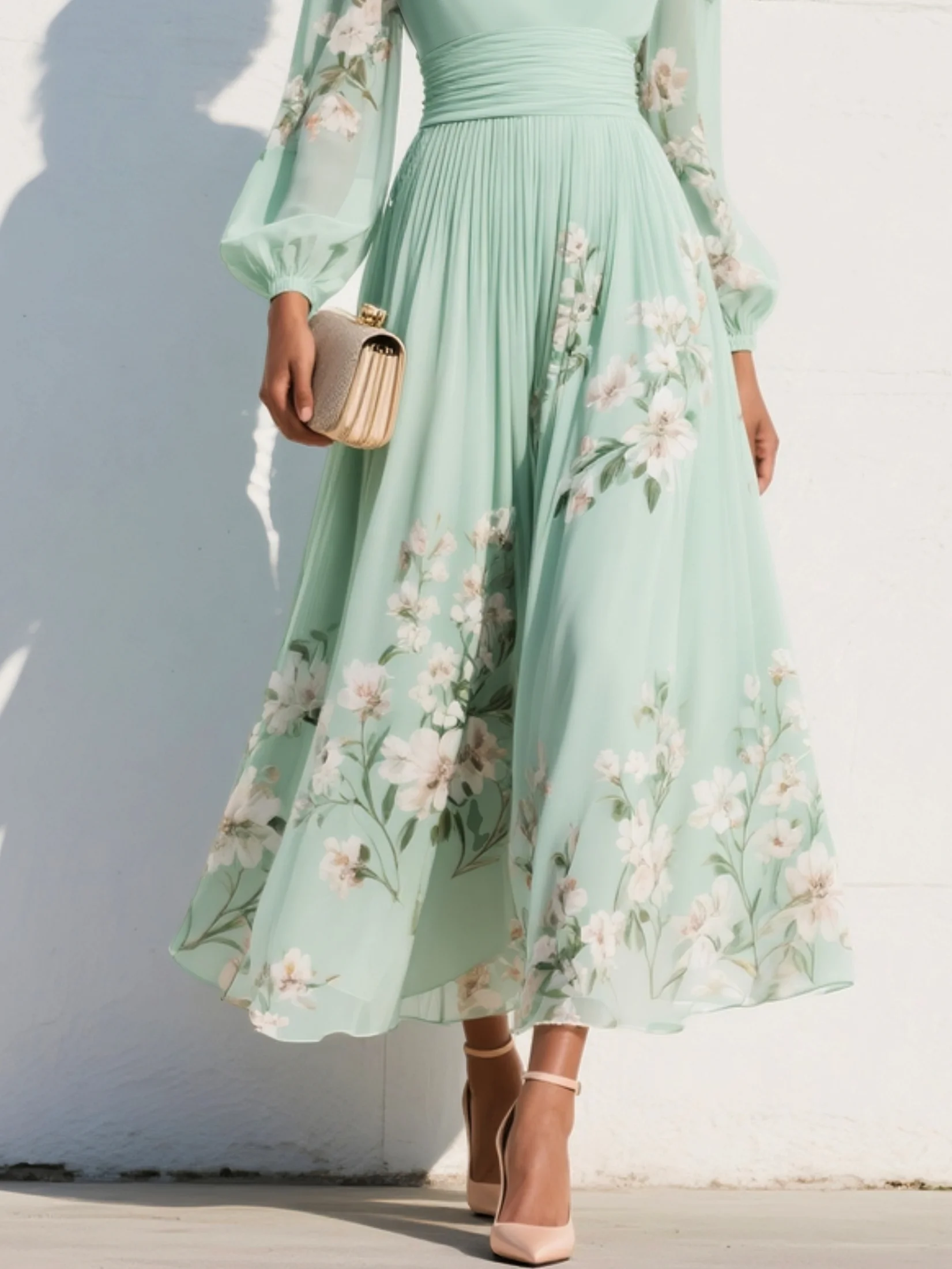 Mint green floral midi dress with gathered waist and long sheer sleeves detail