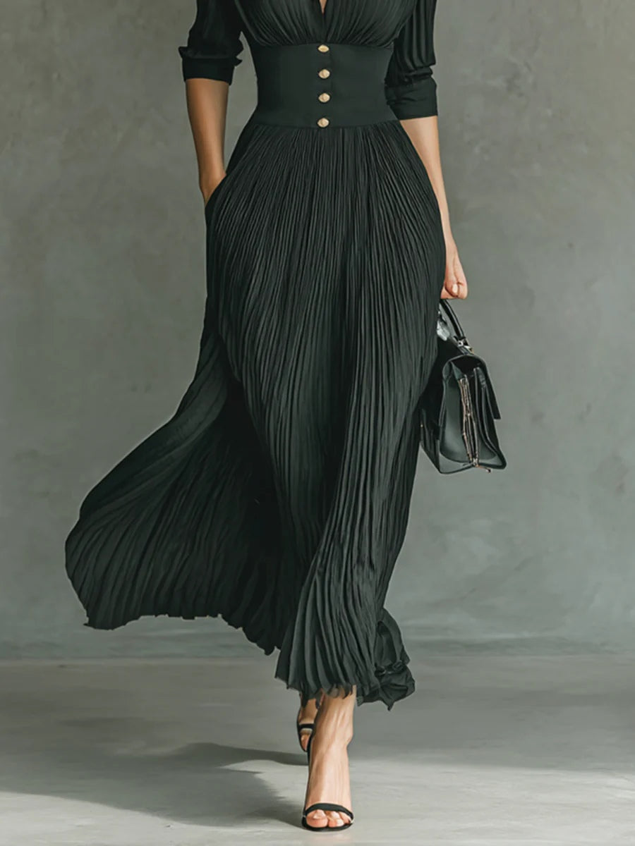Elvir dark green pleated maxi dress with high waist and button-front bodice
