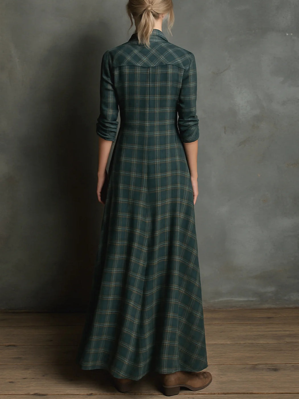 Green plaid maxi dress, V-neck back view, long sleeves