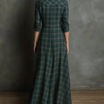 Green plaid maxi dress, V-neck back view, long sleeves