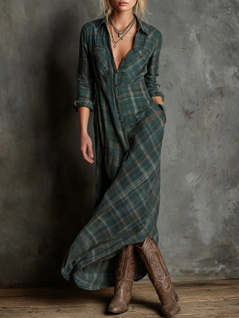 Green plaid long-sleeve maxi dress with V-neck and button front