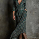 Green plaid long-sleeve maxi dress with V-neck and button front