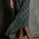 Green plaid maxi dress with side drape and button front