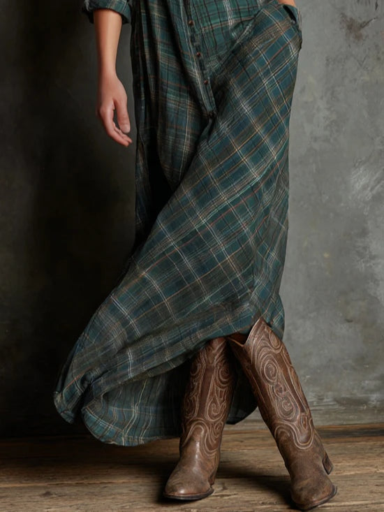 Green plaid maxi dress with side drape and button front