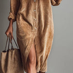 Brown corduroy midi shirt dress with front slit and button placket, long sleeves