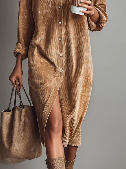 Brown corduroy midi shirt dress with front slit and button placket, long sleeves