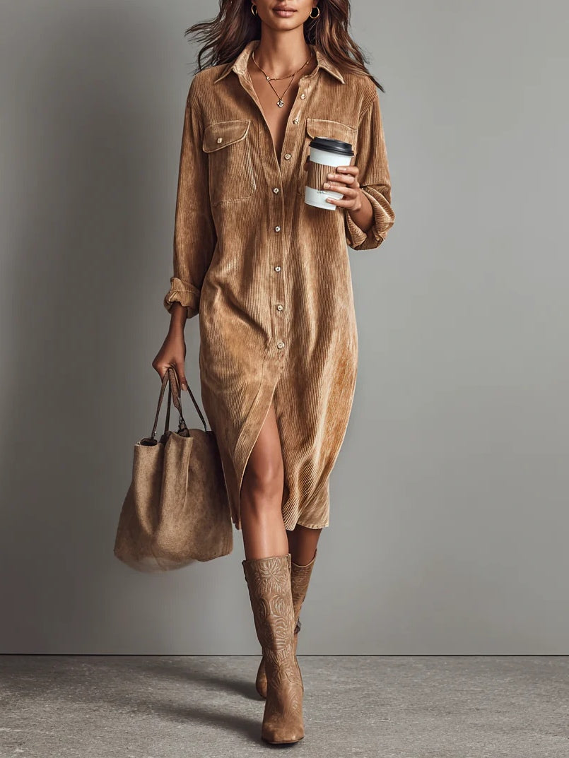 Brown corduroy midi button-front dress with chest pockets, long sleeves, front slit