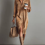 Brown corduroy midi button-front dress with chest pockets, long sleeves, front slit