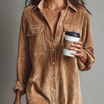 Corduroy midi shirt dress in brown, button-front with two chest pockets, long sleeves