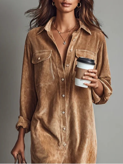 Corduroy midi shirt dress in brown, button-front with two chest pockets, long sleeves