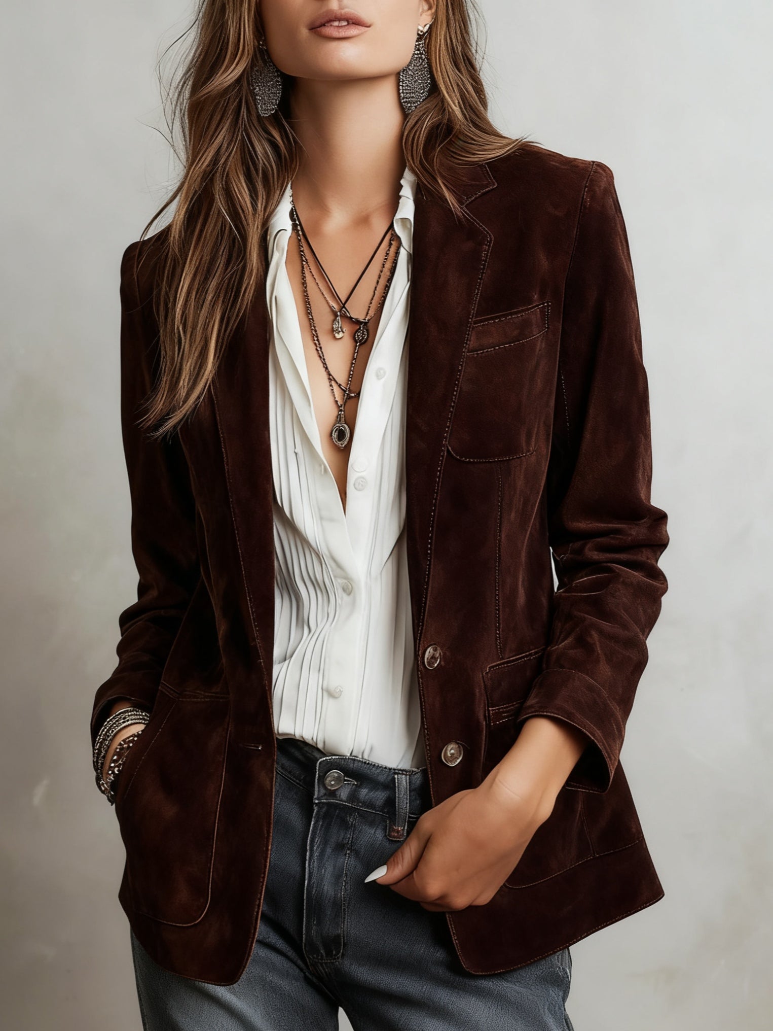 Dark brown suede-look vintage jacket with button front and flap pockets