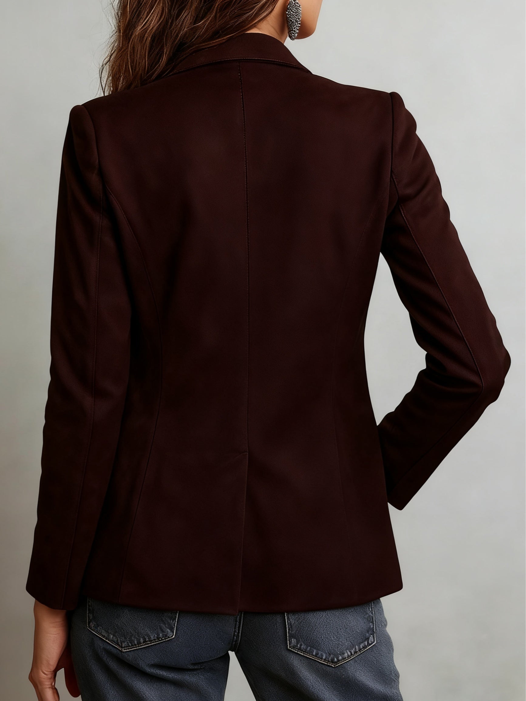 Deep brown suede-look vintage jacket with button front, back view